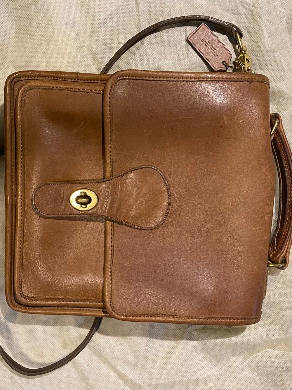 Coach Tan Brown Leather Messenger Bag with Gold Hardware